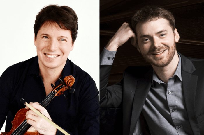 Headshots of violinist Joshua Bell and pianist Peter Dugan, side by side.