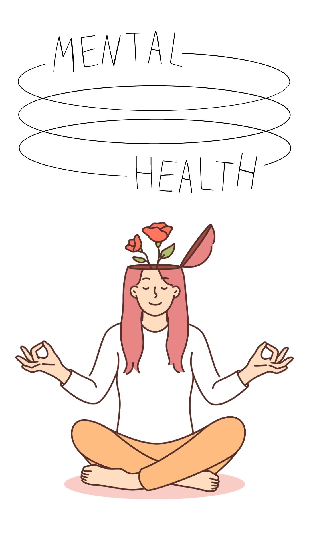 Illustration of a person sitting cross-legged in meditation with a calm smile and flowers growing from their open head, symbolizing growth and mindfulness. The words “Mental Health” are written above in a flowing hand-drawn style.